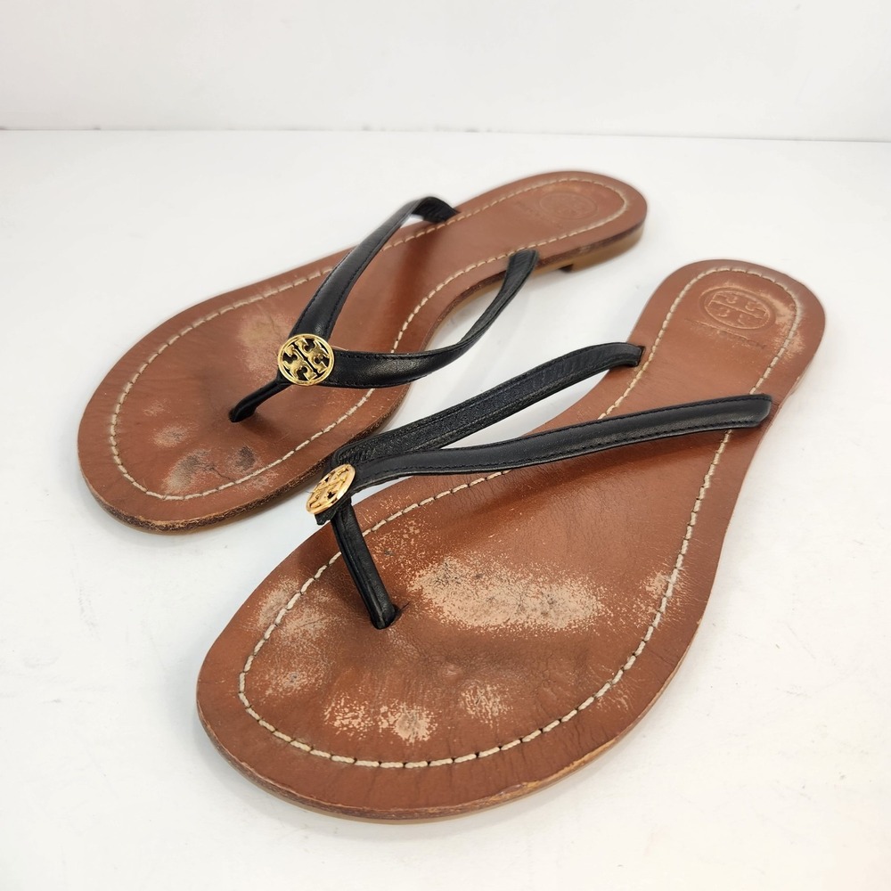 Tory Burch Women's Elegant Black Leather Thong Black Sandals Logo Size 7.5M